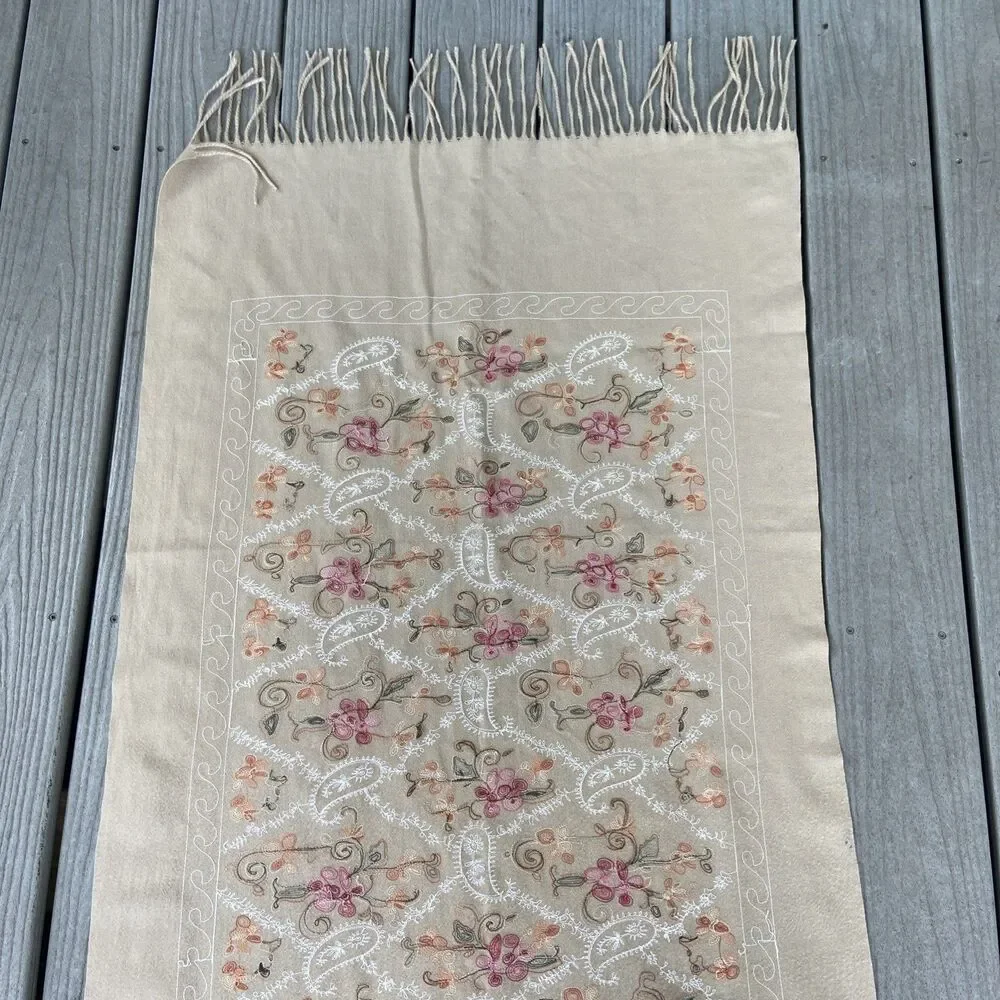 La Seine Embroidered Beige Floral Fringed Oversized Wrap Scarf Soft Luxurious